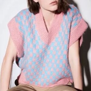 Zara Pink and Light Blue V-Neck Checker Knit Sweater Vest